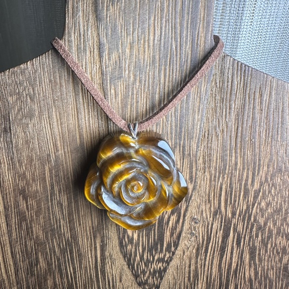 Jewelry - Handcrafted Tiger's Eye Rose Pendant Necklace  on Brown Faux Suede